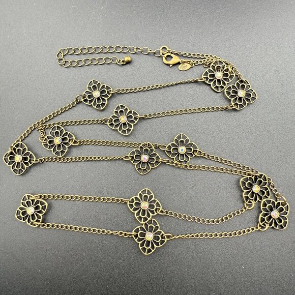 Premier Designs Long Strand Flower Necklace With Crystal Accents Brass And Gold - Picture 2 of 9